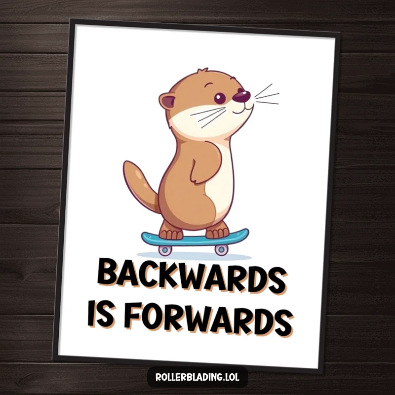 Funny otter skating digital art print, a giggling animal skating backwards with a proud expression, capturing playful confidence and joy.