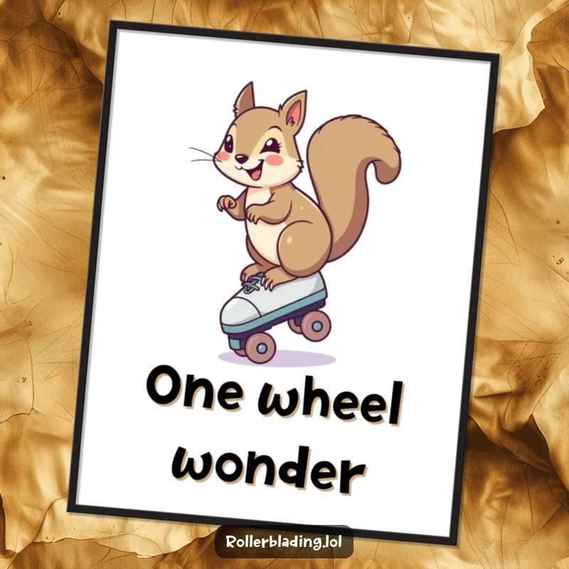 Funny Squirrel Digital Art Print: A smiling squirrel hilariously balancing on one roller skate, perfect for instant whimsical decor.