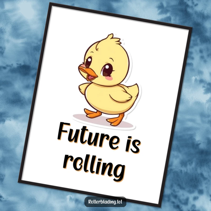 Funny digital art print of a small duck rolling with intense determination and wide, enthusiastic eyes.