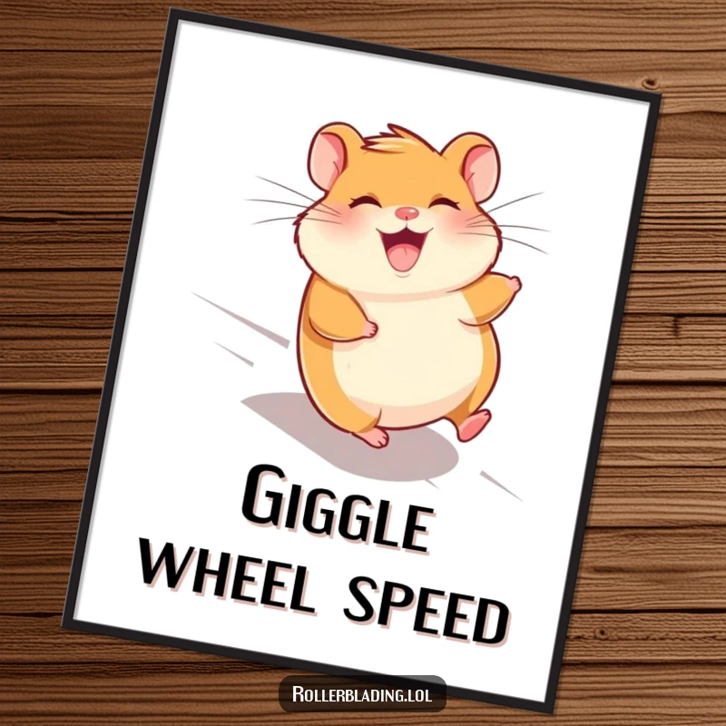 Funny giggling hamster digital art print, featuring a hamster speeding downhill with wind in its fur, ready for display.