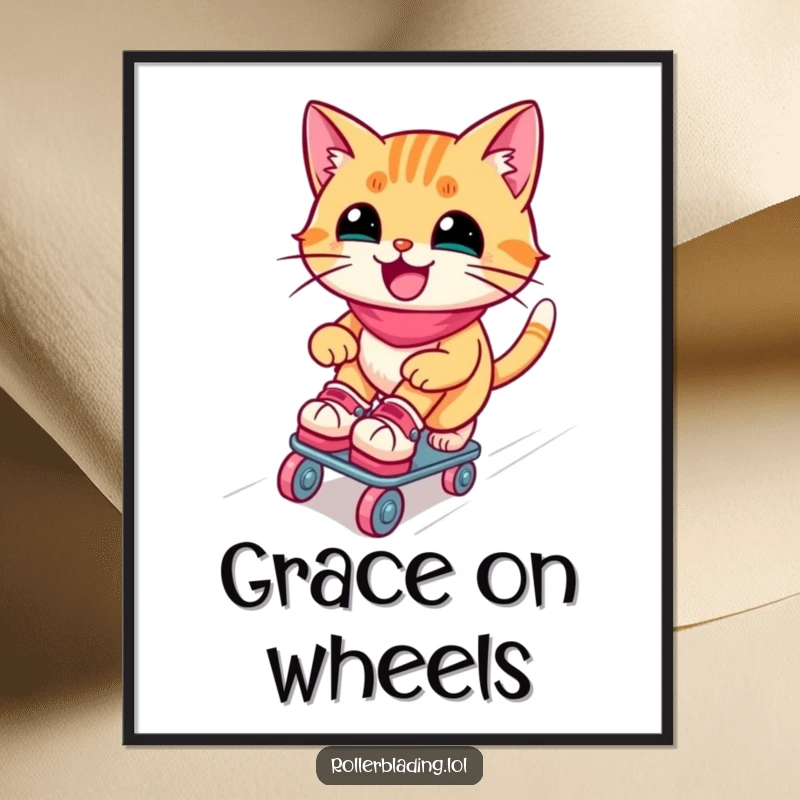Funny roller skating cat digital art print: A joyful cat effortlessly skates down a ramp, showcasing hilarious movement and vibrant energy.