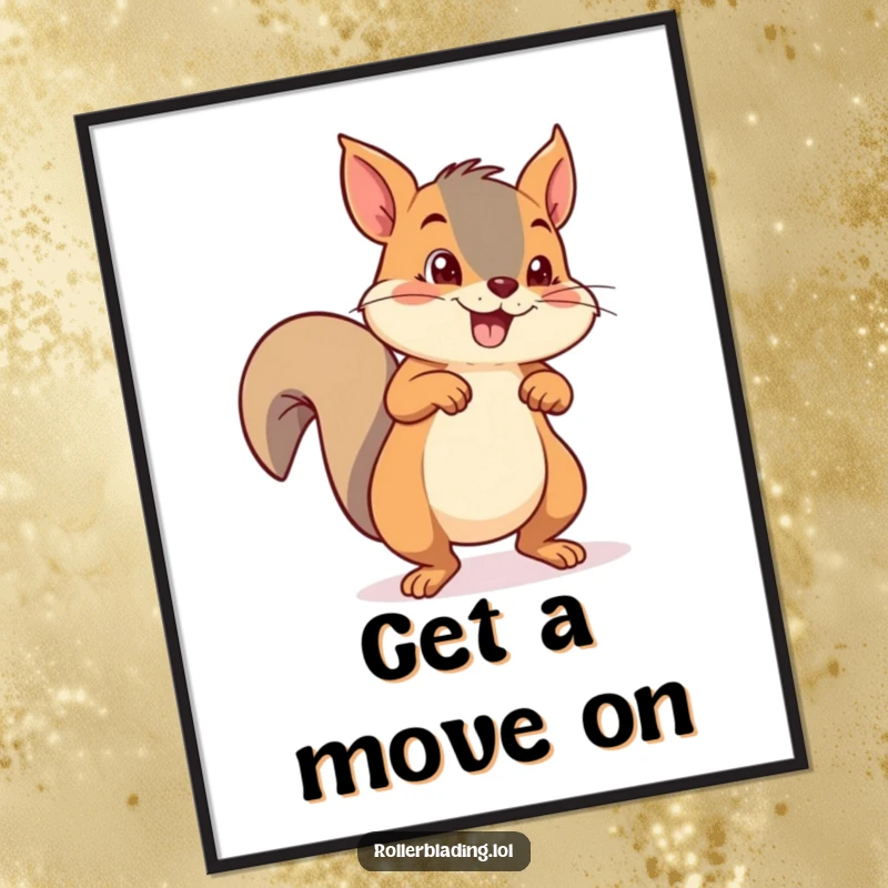 Funny mischievous squirrel pushing off with both feet on roller skates, digital art print for energetic decor.