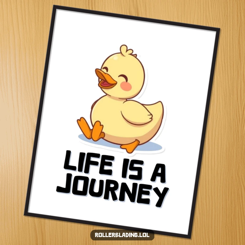 Funny smiling duck rolling on roller skates, digital art print for cheerful home decor.
