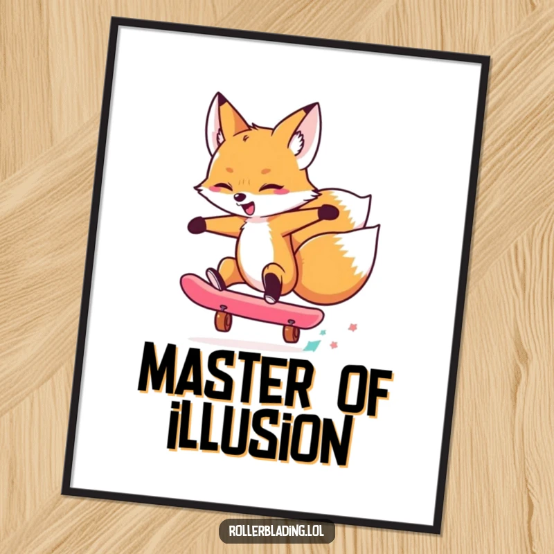 Funny digital art print of a fox performing an awesome skateboard trick, bringing instant humor and cool vibes to any space.