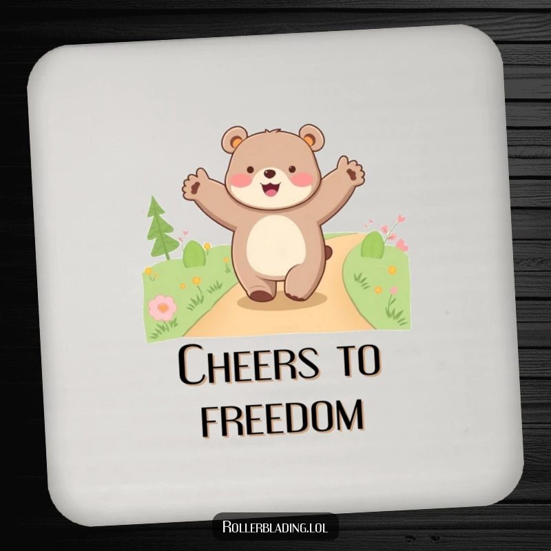 Funny happy bear drink coasters, depicting a bear cruising along a path with arms wide open, adding joyful humor to tabletops.