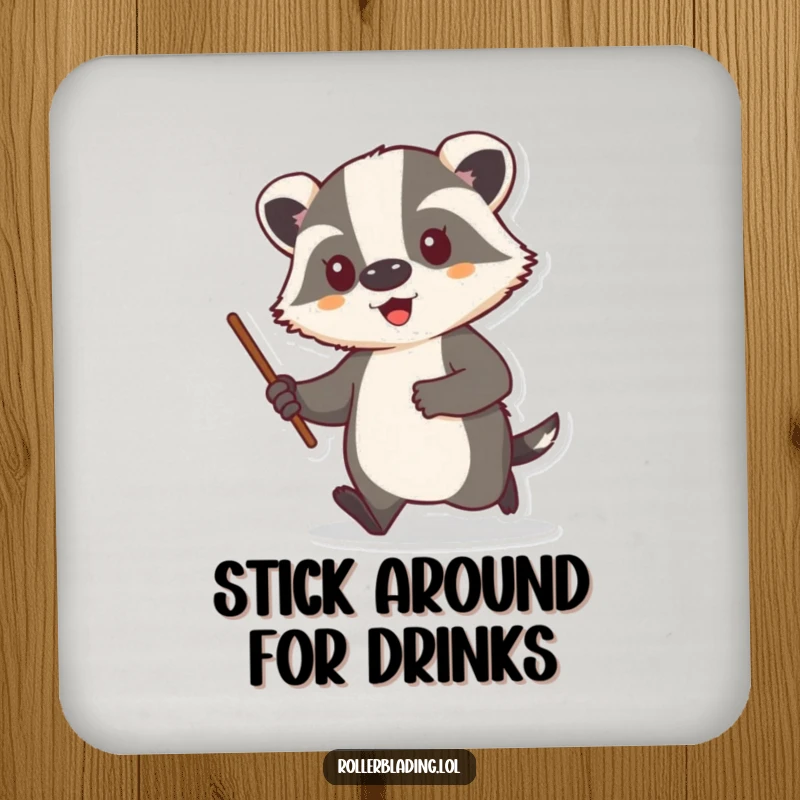 Funny drink coaster featuring a proud badger cruising confidently, stick in hand, protecting your table.