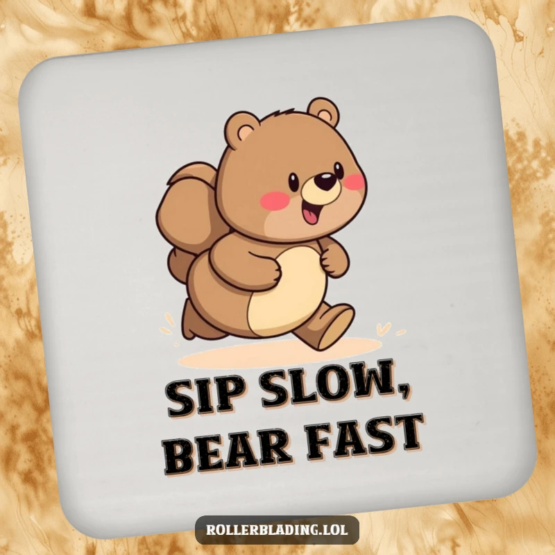 Funny drink coaster showcasing a proud bear in motion, speeding along a path, adding a humorous touch.