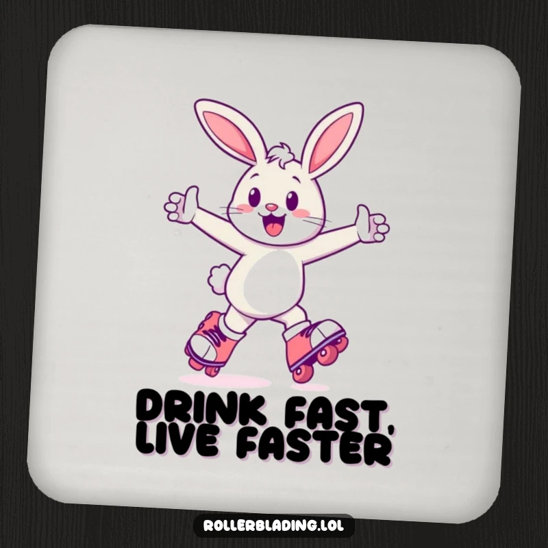 Funny Bunny Coaster: A happy bunny skates energetically on roller skates, arms pumping, adding a touch of humorous charm to your surfaces.