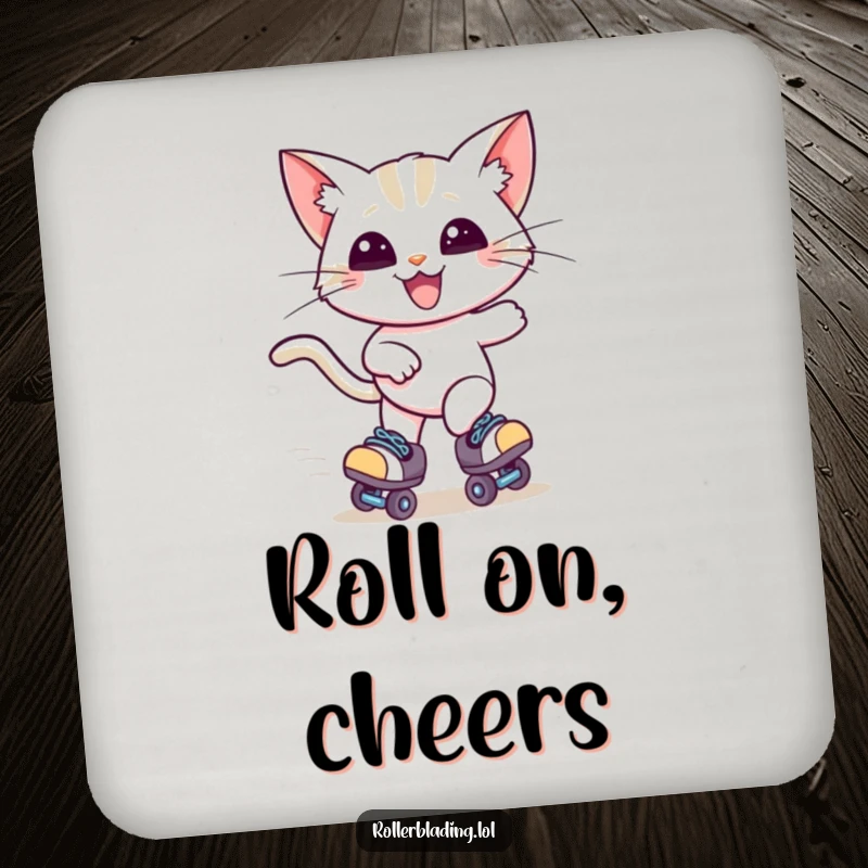 Funny drink coaster featuring a happy cat on roller skates, windblown ears indicating speed, protecting surfaces from drinks.