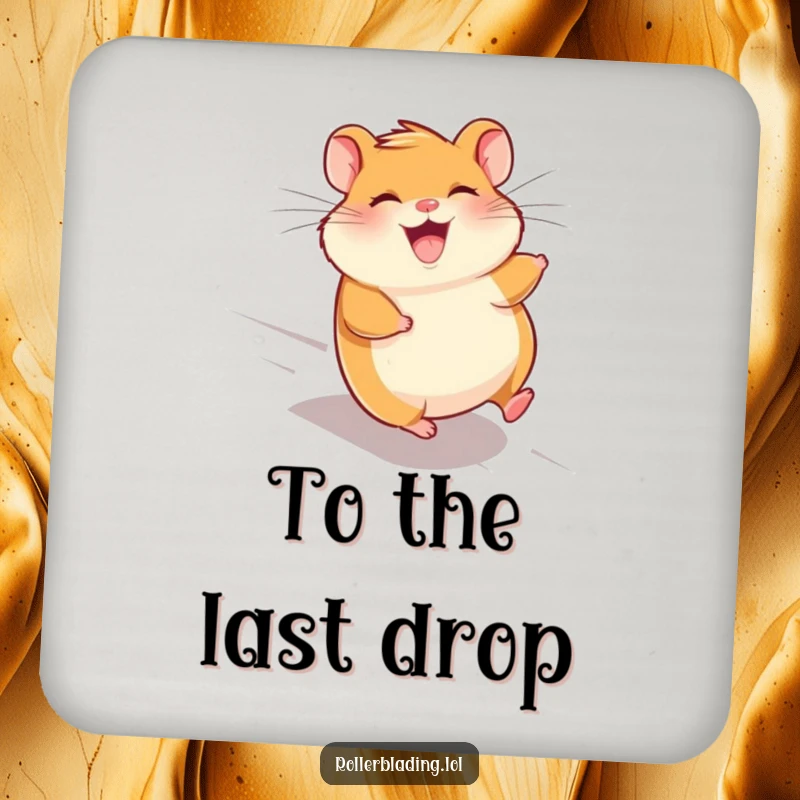 Funny giggling hamster coaster, showing a hamster speeding downhill with wind in its fur, protecting surfaces with fun.