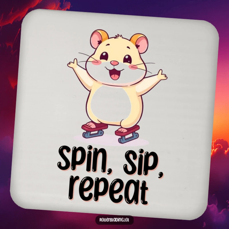 Funny drink coaster depicting a smiling hamster skating with arms outstretched, adding a touch of playful elegance.