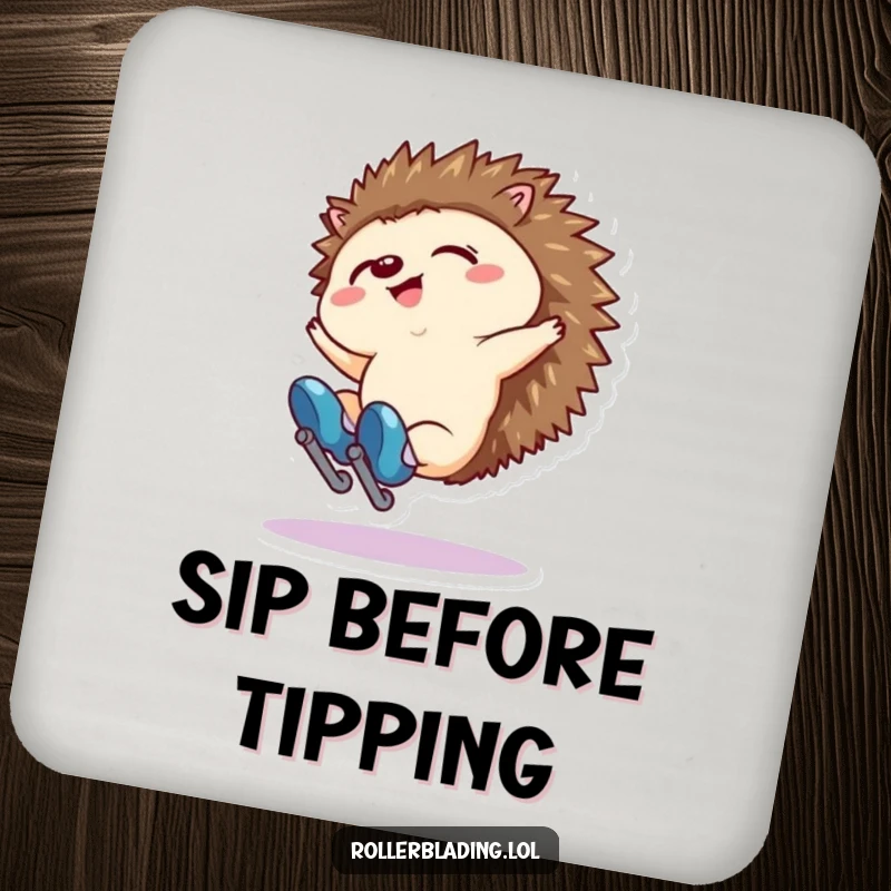 Funny drink coaster featuring a tiny hedgehog character falling backwards on roller skates. Protects surfaces.