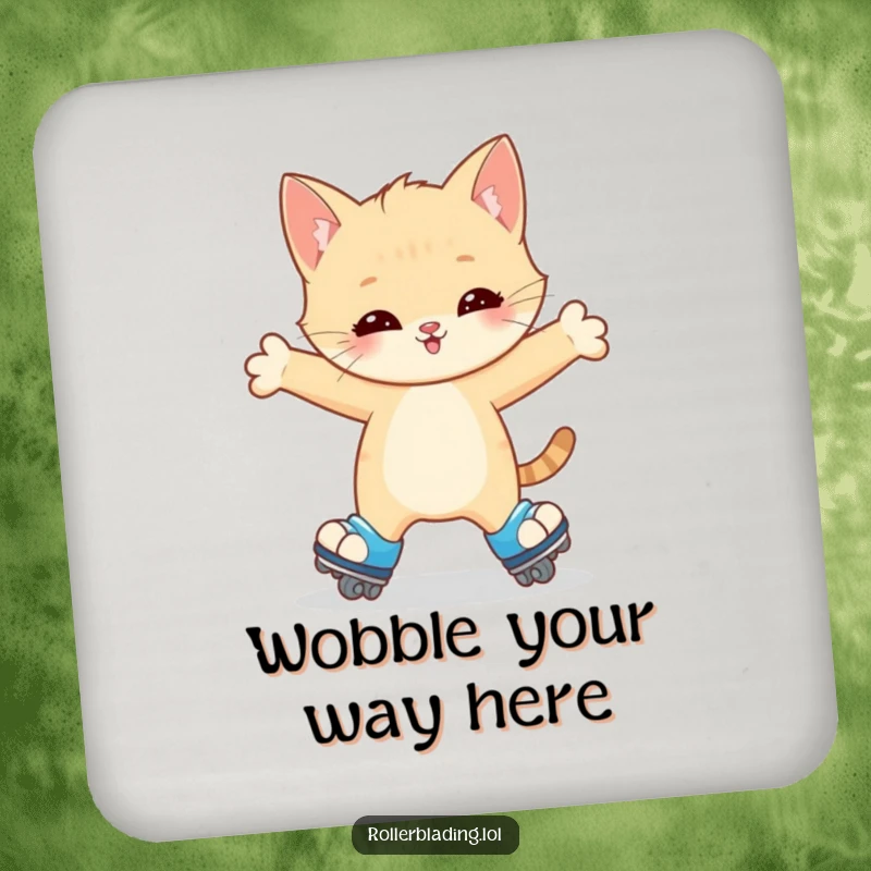 Funny Kitten Coaster: A happy kitten wobbles on roller skates, arms outstretched for balance, adding adorable and humorous charm to your surfaces.