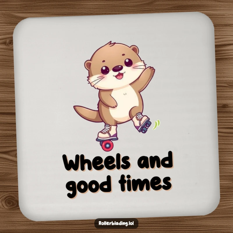 Funny drink coaster featuring a happy, fluffy otter performing a trick maneuver on roller blades, adding charm.