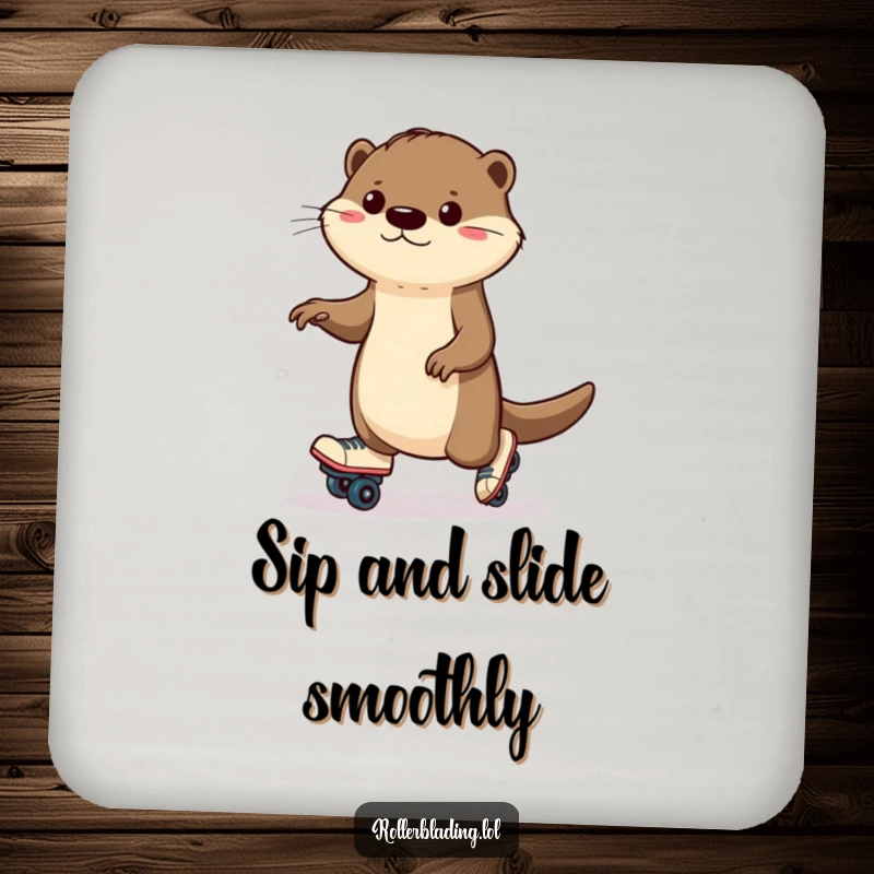Funny otter coaster showcasing a determined otter wobbling on roller skates, protecting surfaces with humor and effort.
