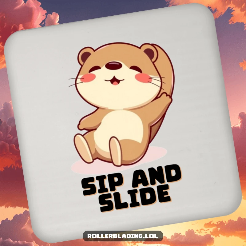 Funny drink coaster featuring a playful otter in an exaggerated, comical slide, bringing amusement.