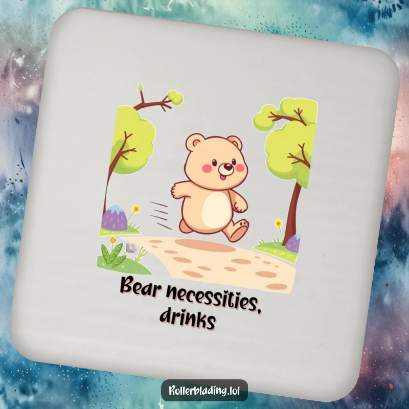 Funny drink coasters showcasing a proud bear in a hilarious, high-speed dash, protecting furniture with comedic flair.