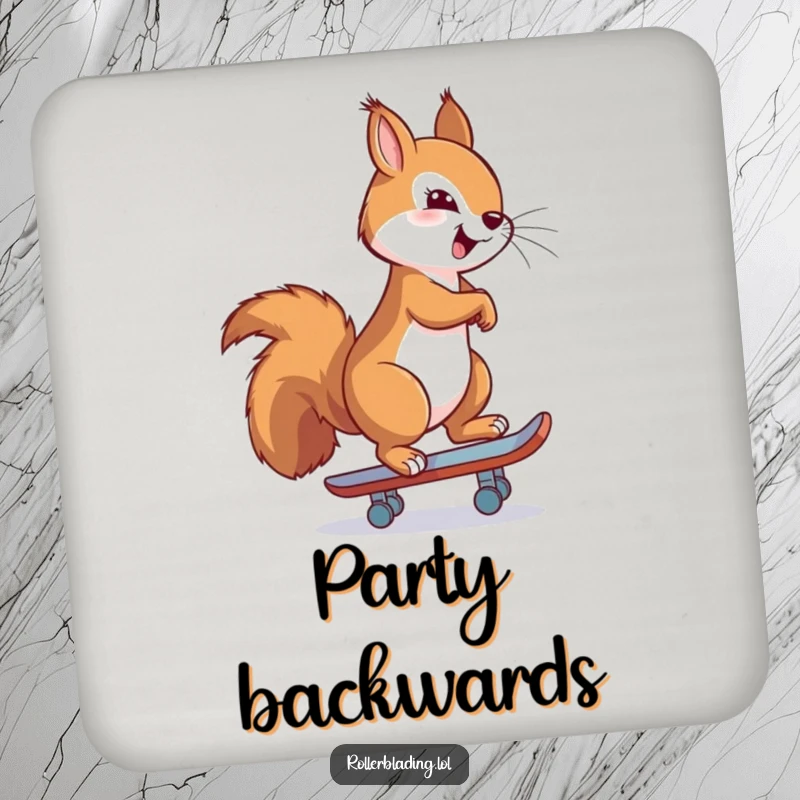 Funny drink coaster with a proud squirrel confidently skating backwards, offering stylish surface protection with a humorous flair.