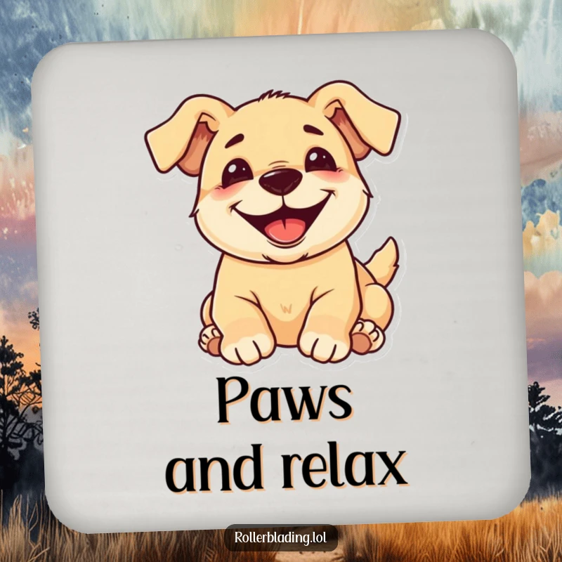 Funny pup drink coaster showing a happy, grinning dog rolling over, protecting surfaces with humor.