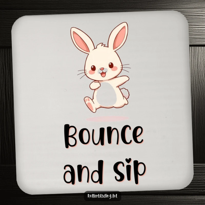 Funny drink coaster with a playful rabbit comically bouncing with pumping legs, safeguarding surfaces with humor.