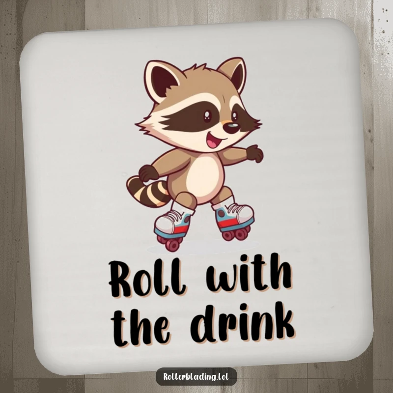Funny drink coaster featuring a mischievous raccoon character spinning on roller skates. Protects surfaces.