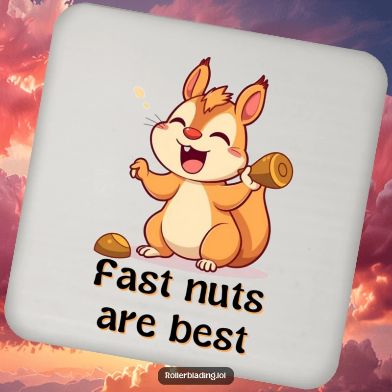 Funny squirrel drink coaster showing a happy, yelling squirrel in a racing turn, protecting tables with humor.