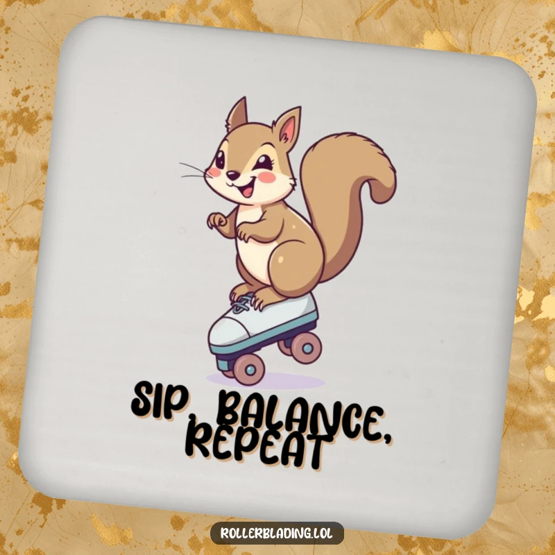 Funny Squirrel Coaster: A smiling squirrel in a funny balance on one roller skate, perfect for a humorous and protective drink accessory.