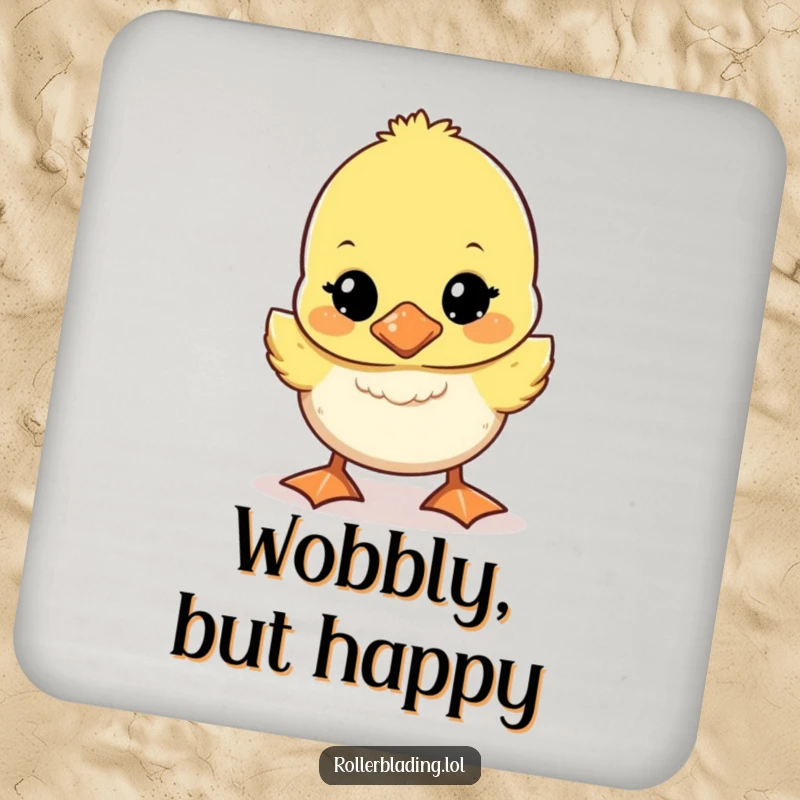 Funny wobbly duckling coasters with a cute duckling wobbling unsteadily, humorous and protective for tables.