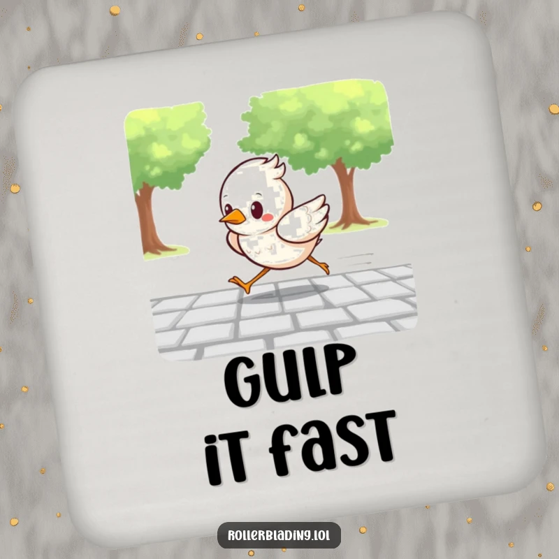 Funny drink coaster with a determined bird racing along a paved path, offering stylish surface protection with a humorous touch.