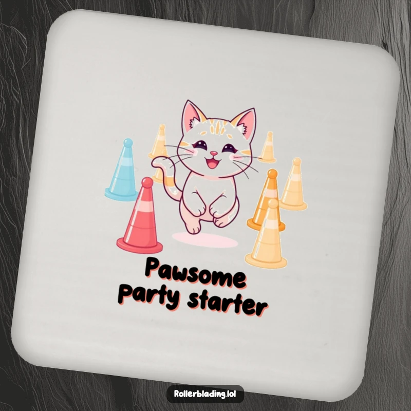 Funny smiling cat in agility pose on drink coasters, adding humorous flair, perfect funny gift.
