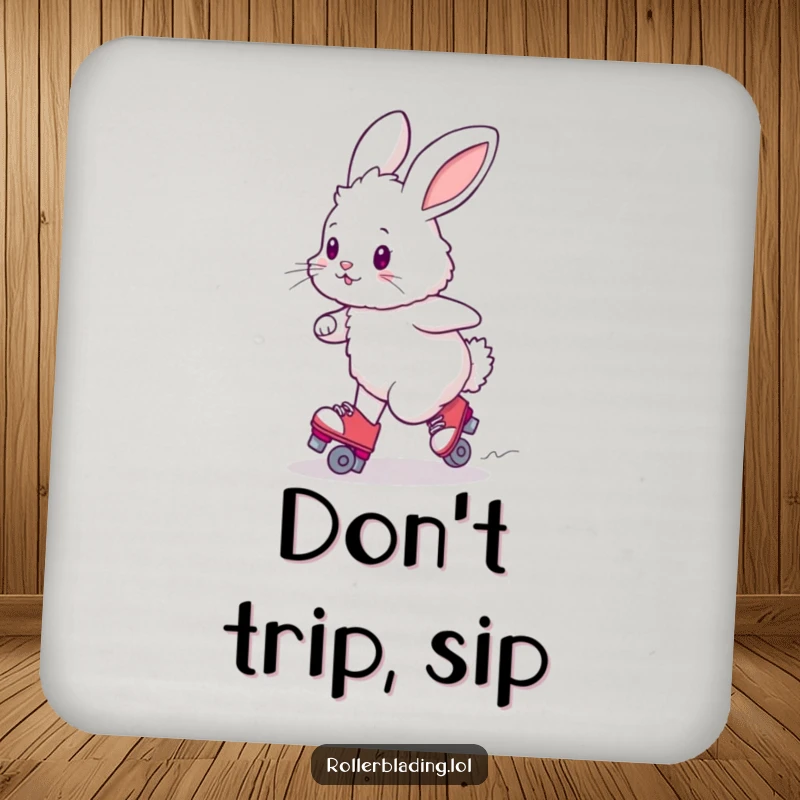 Funny fluffy bunny attempting a wobbly turn on roller skates, a coaster to protect surfaces.