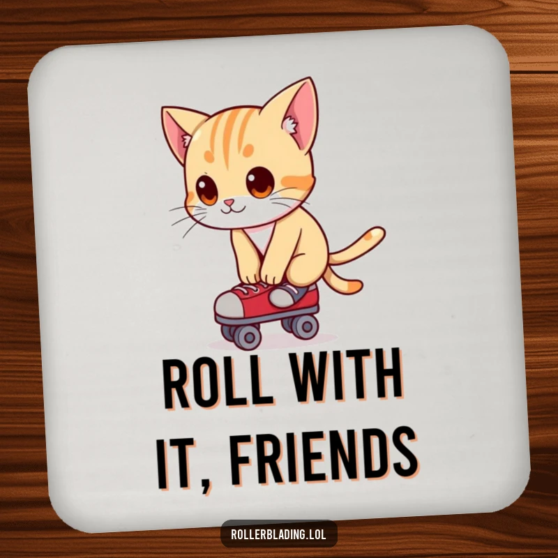 Funny drink coaster featuring a curious cat leaning forward, balancing on roller skates with intense focus.