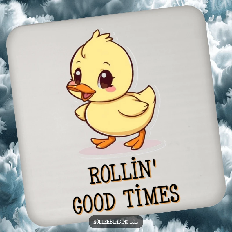 Funny drink coaster showing a small duck rolling with unwavering determination, adding a humorous touch to any surface.