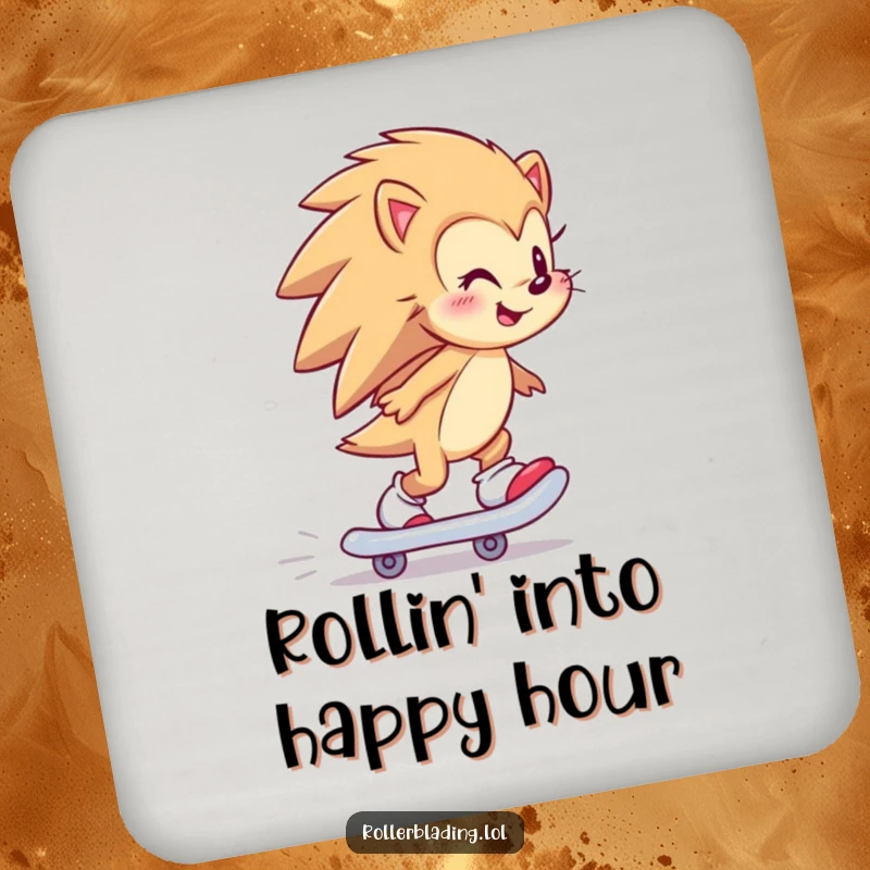 Funny hedgehog coasters with a happy hedgehog skating backward, humorous and protective for tables.