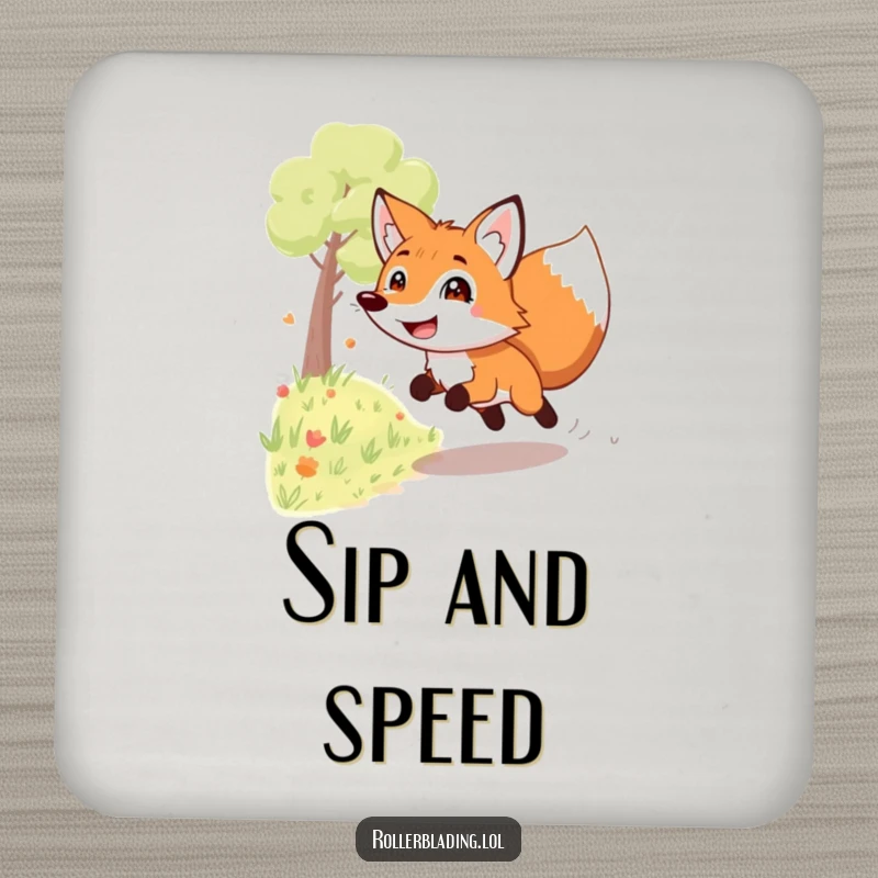 Funny grinning fox coaster: A playful fox speeds down a path with a wide grin, adding a humorous and protective touch to your surfaces.