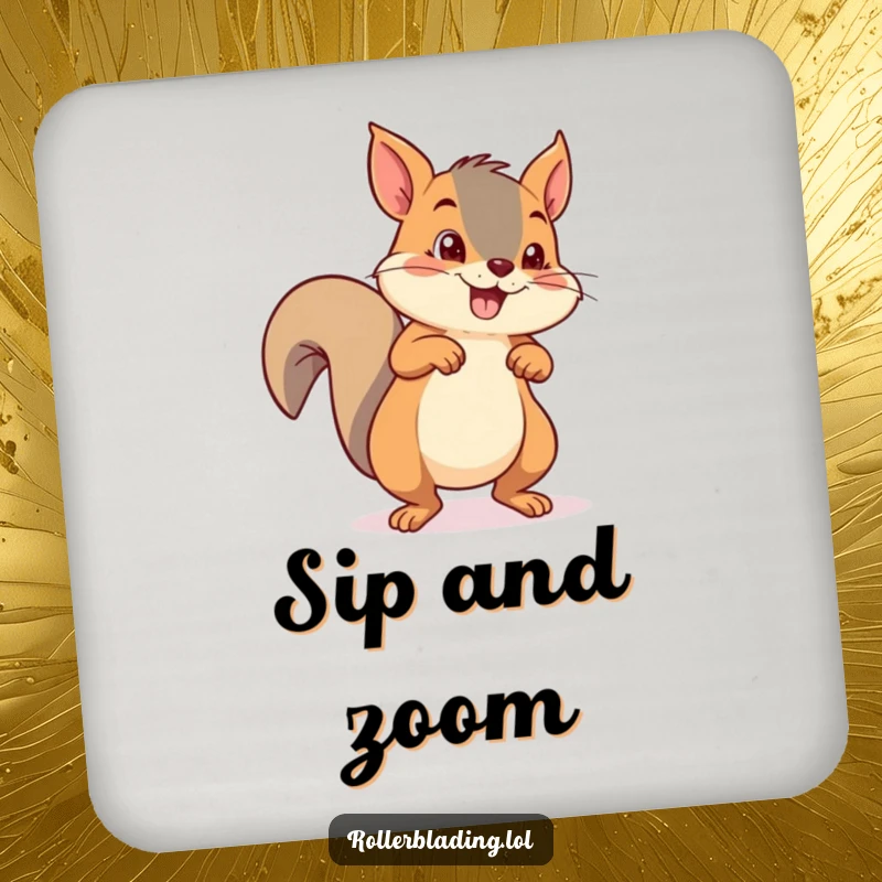 Funny mischievous squirrel pushing off with both feet on roller skates, a coaster for surfaces.