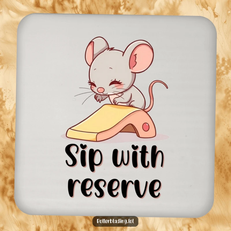 Funny drink coaster with a shy mouse comically attempting a gentle slide, safeguarding surfaces with understated humor.