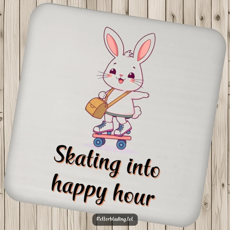 Funny drink coaster with a determined, smiling bunny balancing on roller skates while holding a bag, charming.