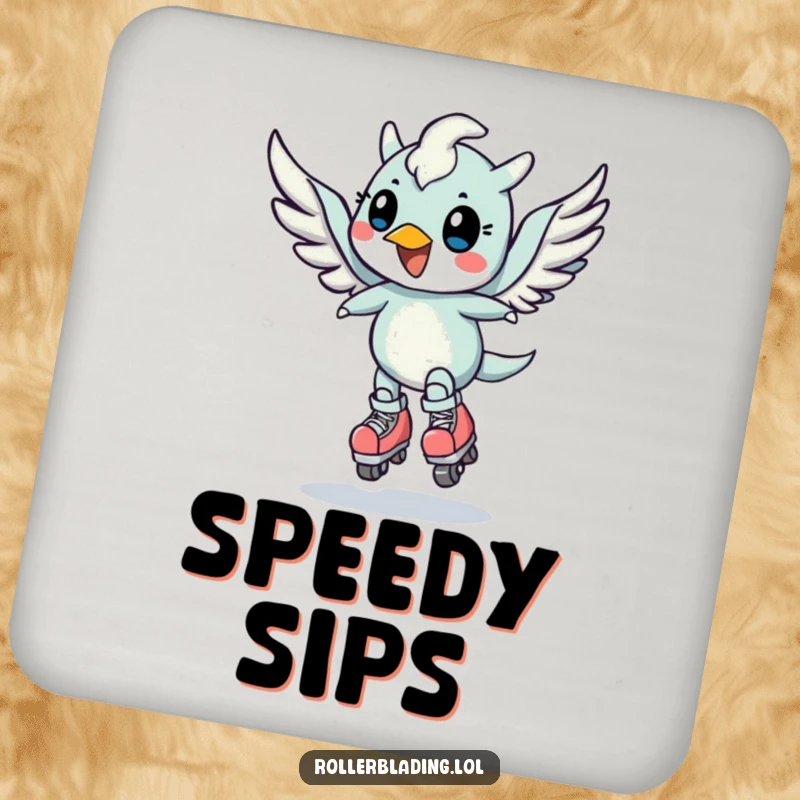 Funny drink coaster with a cheerful, winged creature doing a speed turn on roller skates, adding charm.