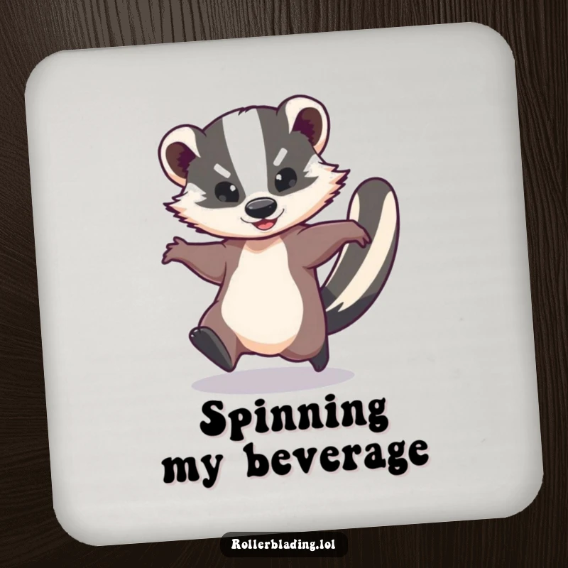 Funny drink coaster with a graceful badger performing a speedy spin, protecting surfaces with a humorous and whimsical flair.