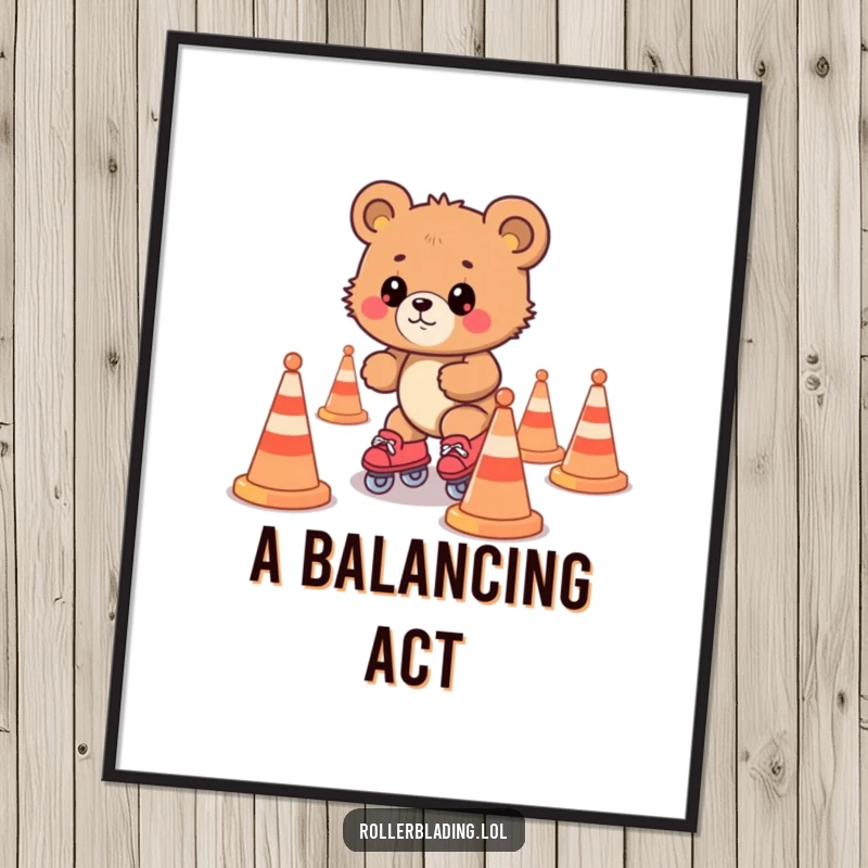 Funny bear cub roller skating clumsily through cones, a humorous and charming poster art print for decor.
