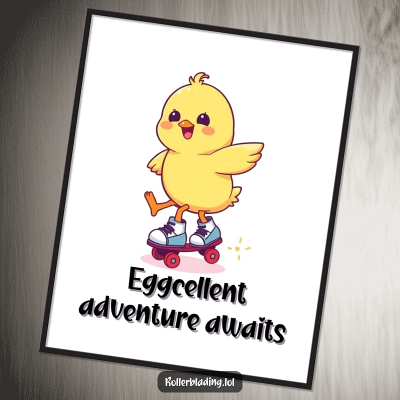 Funny chick on roller skates, captured mid-jump with a happy expression, celebrating the fun of skating.