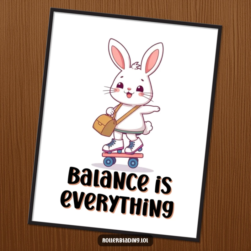 Funny poster of a determined, smiling bunny balancing on roller skates while holding a bag, motivational art.