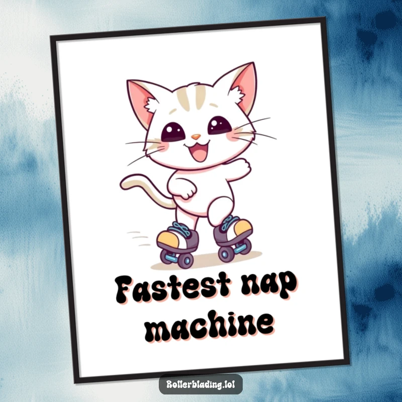 Funny poster art depicting a happy cat wearing roller skates, ears flowing in the wind as it speeds along, full of pure exhilaration.