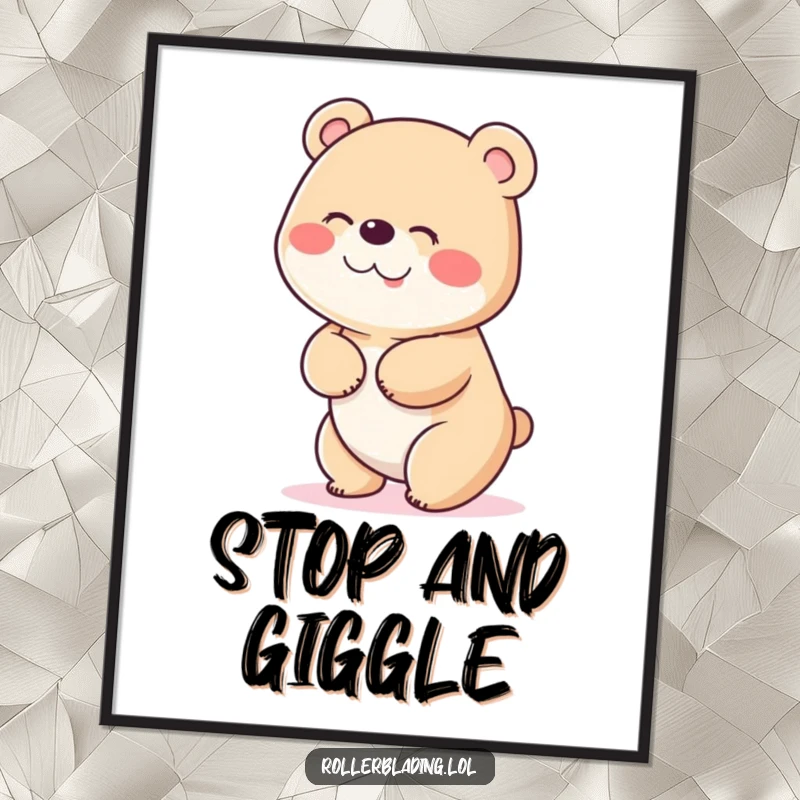 Funny poster featuring a bear in the midst of uncontrollable giggles, wobbling hilariously as it tries to stop, bringing joy to the viewer.