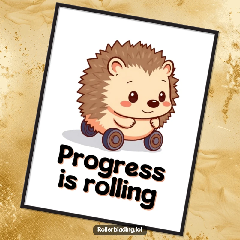 Funny Hedgehog Poster: A shy hedgehog rolls forward with hesitant wheels, depicted in whimsical art for a touch of gentle humor.
