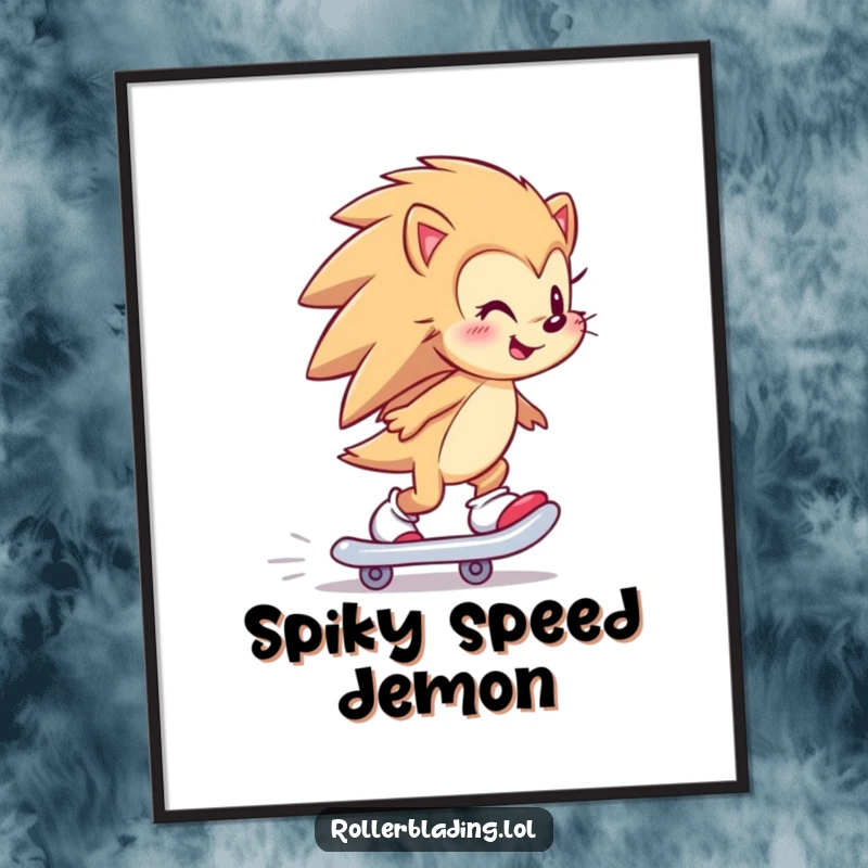 Funny hedgehog skater poster art of a happy hedgehog smiling while skating backward, humorous sports illustration.