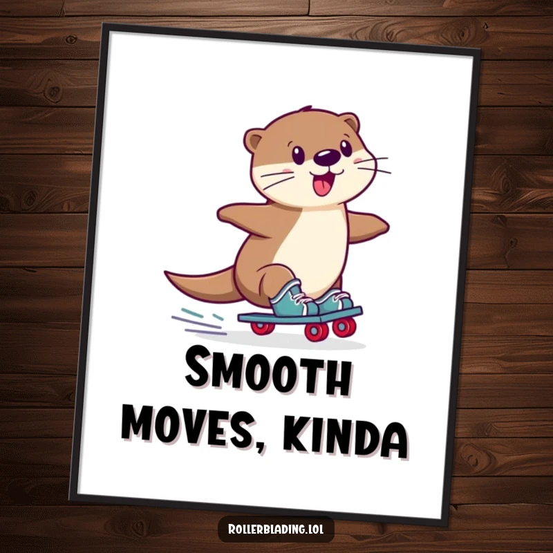 Funny Otter Poster: A playful otter performing a wobbly slide on roller skates, capturing comical movement and joyful fun for wall art.