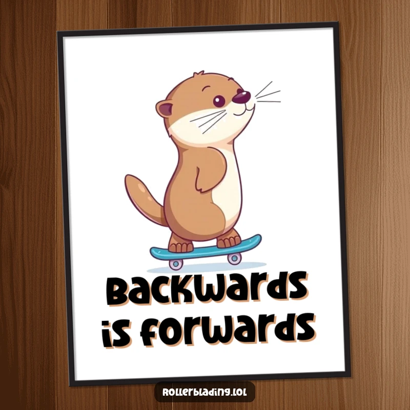 Funny otter skating poster, a giggling animal skating backwards with a proud expression, capturing joyful movement and confident performance.