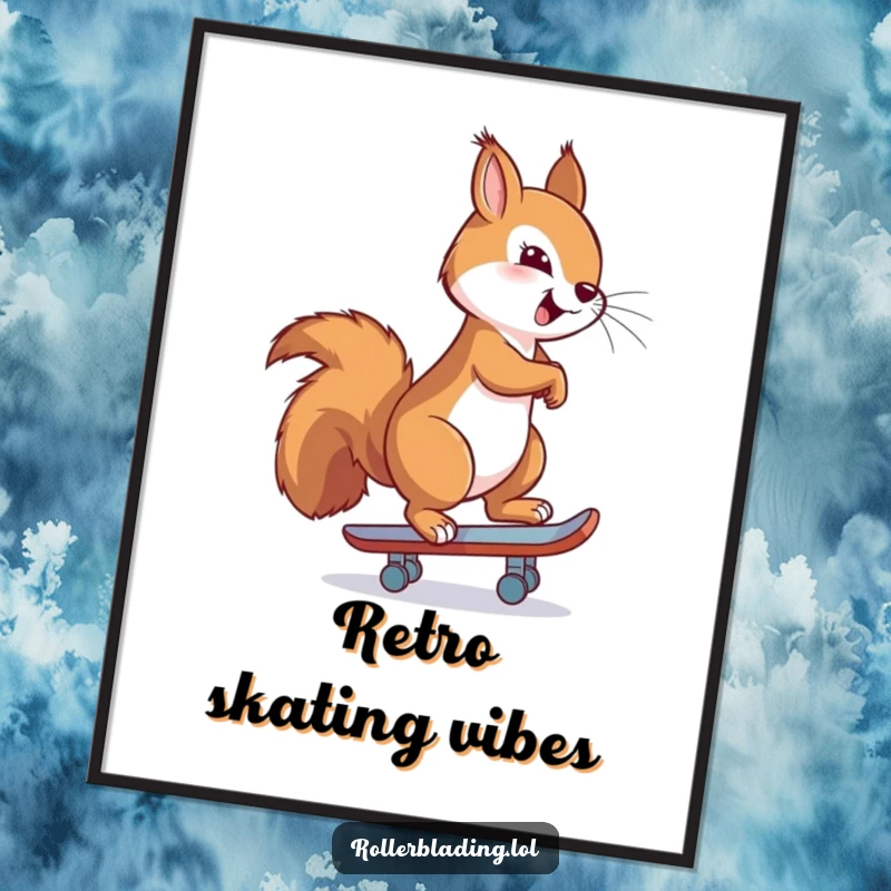 Funny poster featuring a proud squirrel demonstrating confident backwards skating moves, bringing a stylish and humorous vibe to any space.